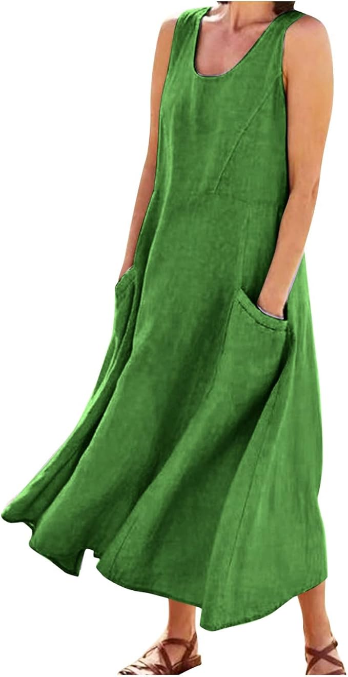 Plus Size Cotton Linen Summer Dresses for Curvy Women 2025 Sleeveless Maxi Vacation Beach Sundresses with Pockets