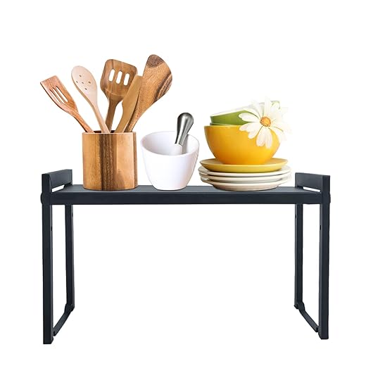 Expandable Cabinet Shelf 13.8~26"(L), Stackable Kitchen Counter Shelf Organizer, 33LBS Heavy Duty Shelf Riser, Countertop Storage Pantry Shelf, Durable Metal Sink Shelf (Black L)