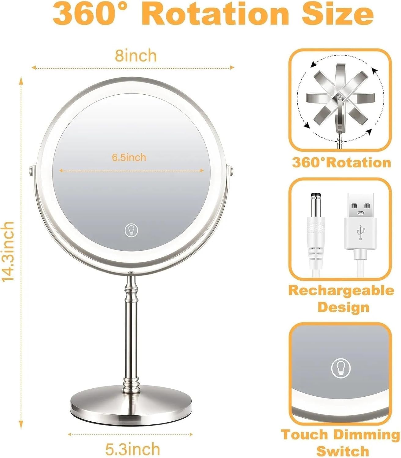 Podświetlane Lustro Stding 10x Powiększające Lustro Vity Ładowanie Usb Przyciemnianie Dwustronne Lustro Do Golenia Led Na Biurko, Rose Gold