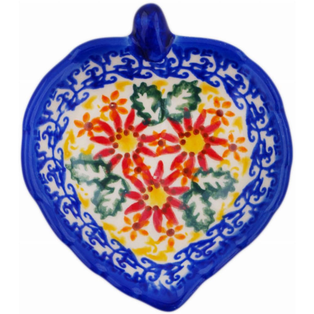 Authentic Polish Pottery Tea Bag or Lemon Plate in Red Chrysanthemums Design Handmade in Boles?awiec Poland + Certificate of Authenticity
