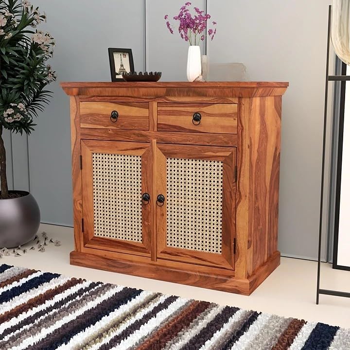 Solid Wood Cane Sideboard with 2 Drawers and 2 Ratan Cane Door for Living Room | Solid Wood Cane Cabinet for Storage | Wooden Cane Kitchen Cabinet for Home (Honey-Small)-image-28