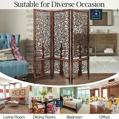 Image of Wooden Room Partition /Screen /Room Divider /Room Separator Traditional Handicrafts 6Ft (Dark Brown) (Tree 3 Panel)