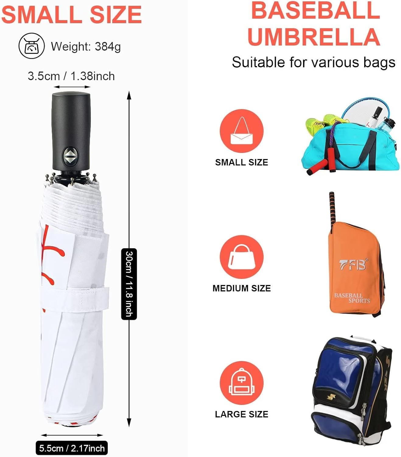 LEAGERA Baseball Umbrella - Oversized 46/54 Inch, Large White, Portable & Collapsible Compact Travel Sports - Perfect Gifts for Boys/Mom, Auto Open