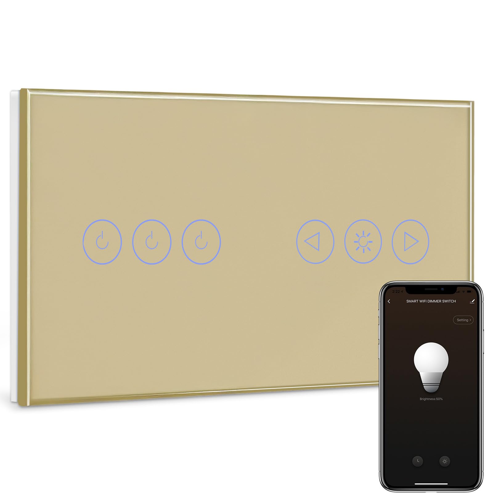 BSEED Interruttore WIFI Tattile e Interruttore Dimmer WIFI Alexa 3 Gang 1 Via Interruttore Smart Compatibile con Google Home, Interruttore a Parete Oro(Richiesto la Linea Neutra)