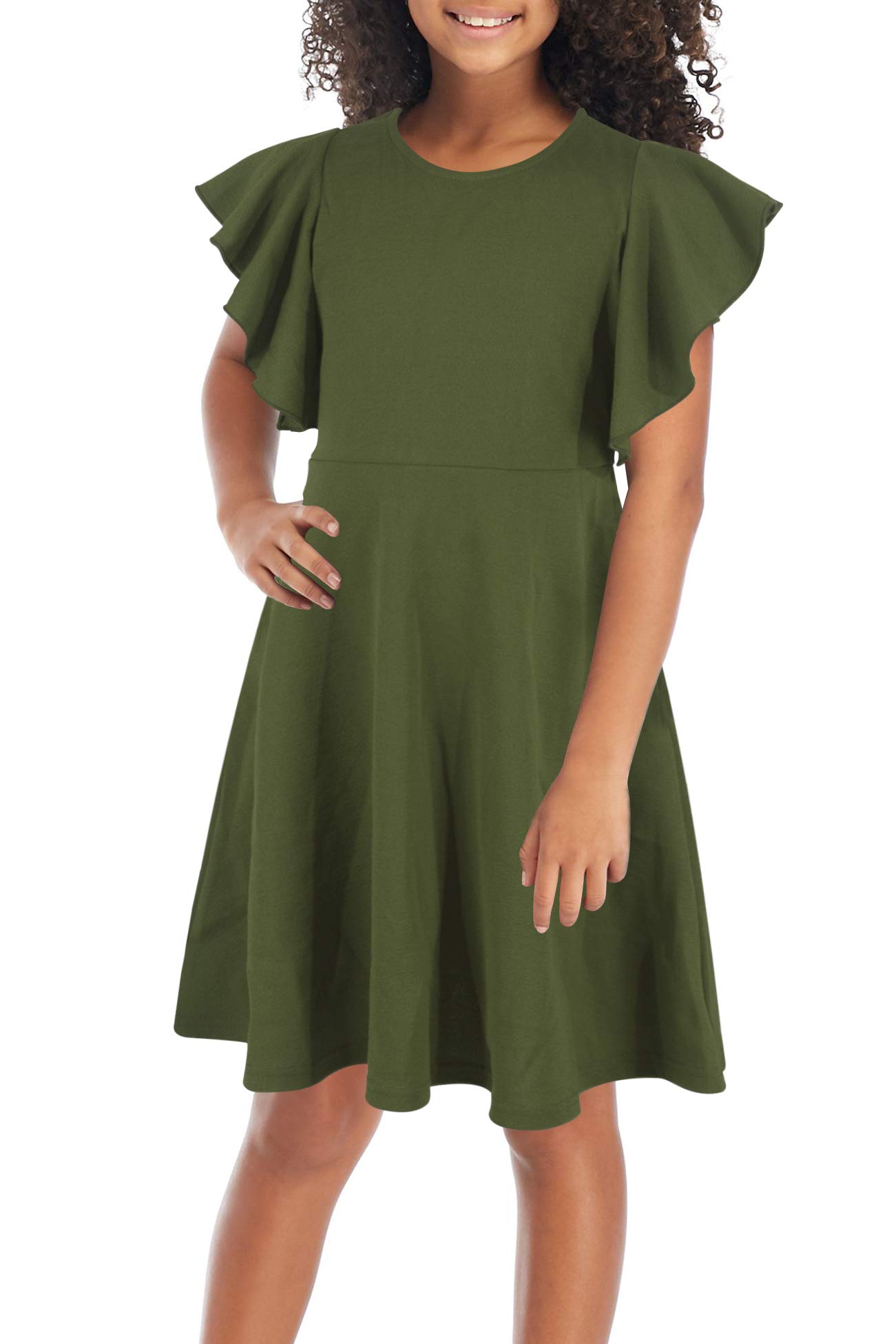 GORLYA Girl's Flutter Sleeve Stretchy A-Line Swing Flared Skater Party Dress with Pockets for 4-12 Years Kids