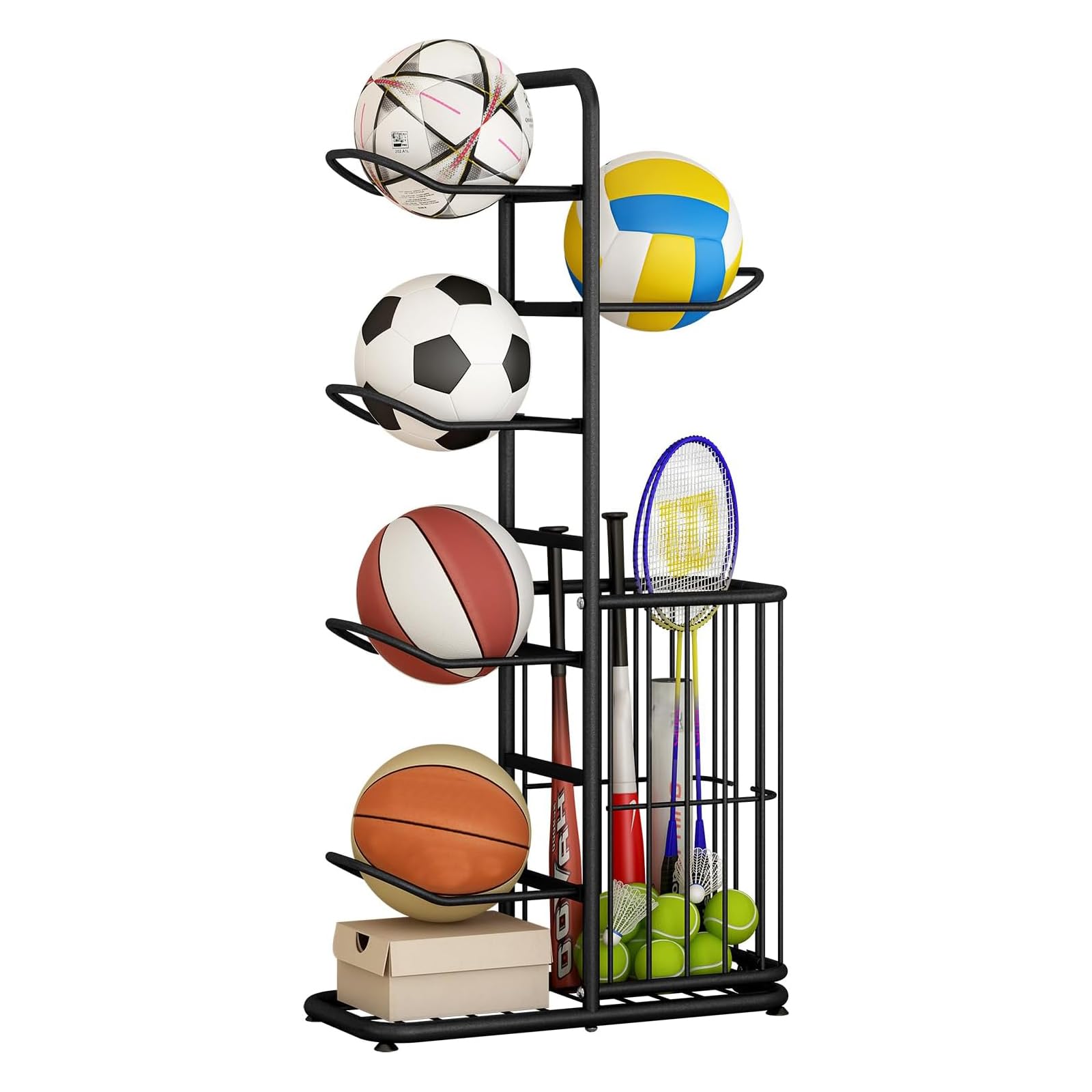 Estante de almacenamiento de pelotas, estante de fútbol de 5 niveles, exhibidor vertical de pelotas, almacenamiento de baloncesto independiente con canasta, adecuado para voleibol, baloncesto, fútbol