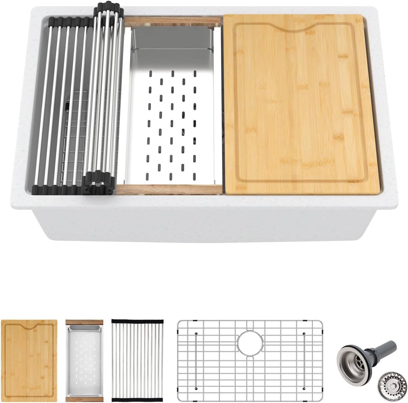 30 White Undermount Kitchen Sink 30"x19" Workstation Granite Composite Quartz Sink Granite Sink Undermount Quartz Modern Under Counter Ledge Single Bowl Kitchen Sinks Basin Deep Sink,LOF-Q497B