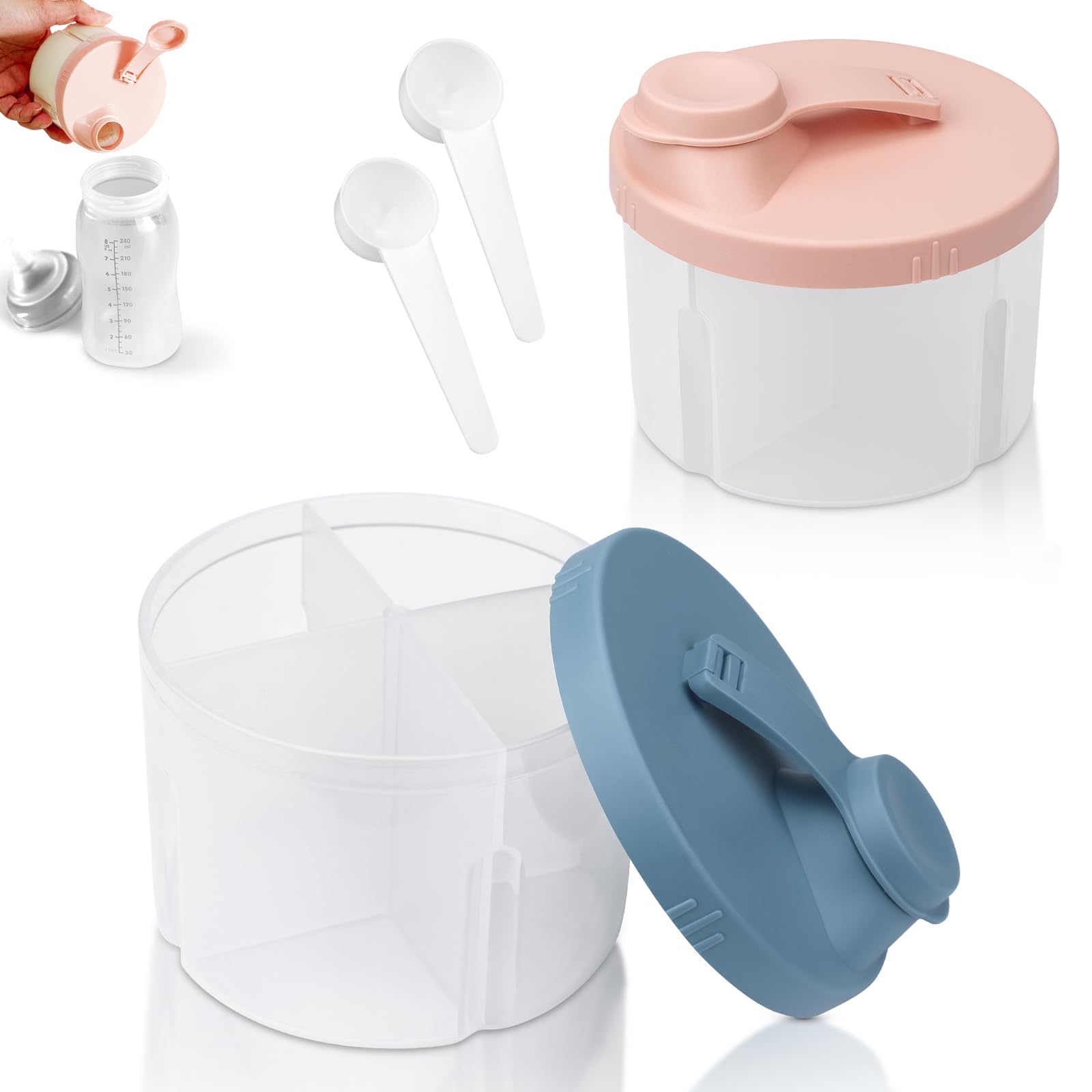 Dispensador de leche en polvo, 2 recipientes portátiles de fórmula en polvo, caja de almacenamiento de leche en polvo con tapa giratoria para viajes, compras, con 2 cucharas de leche en polvo