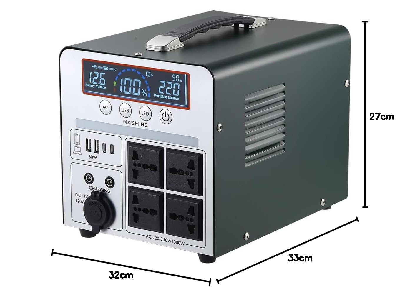 Tragbare Powerstation 1000W/666Wh, Mashine Tragbare Wiederaufladbare Generator Backup Batteriepack für Camping, Wohnmobile, Drohnen, Erste Hilfe und Außenbeleuchtung, mit 4 AC Anschlüssen