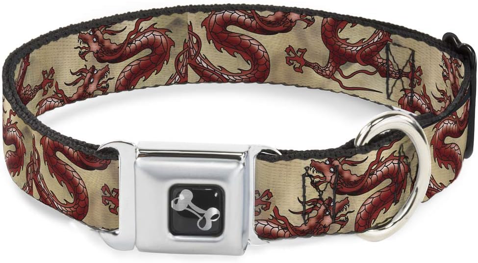 Buckle-Down Seatbelt Buckle Dog Collar - Dragons Tan - 1" Wide - Fits 15-26" Neck - Large