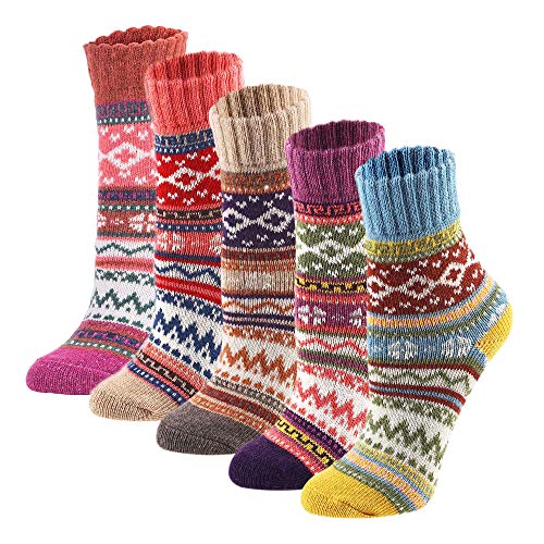 YQHMT 5 Pack Womens Thick Warm Knit Vintage Stripe Comfort Cotton Casual Wool Crew Winter Socks Gift