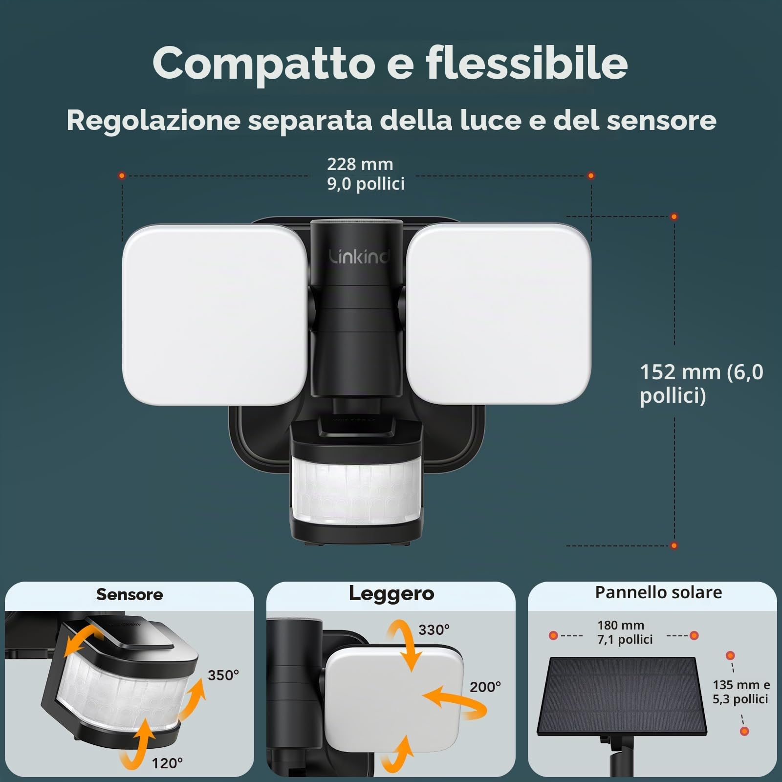 Linkind Faretto da esterno intelligente con doppia alimentazione, proiettore LED a doppia alimentazione da 25 W con energia solare ed elettrica, luce da esterno IP65 da 3000LM con sensore di movimento