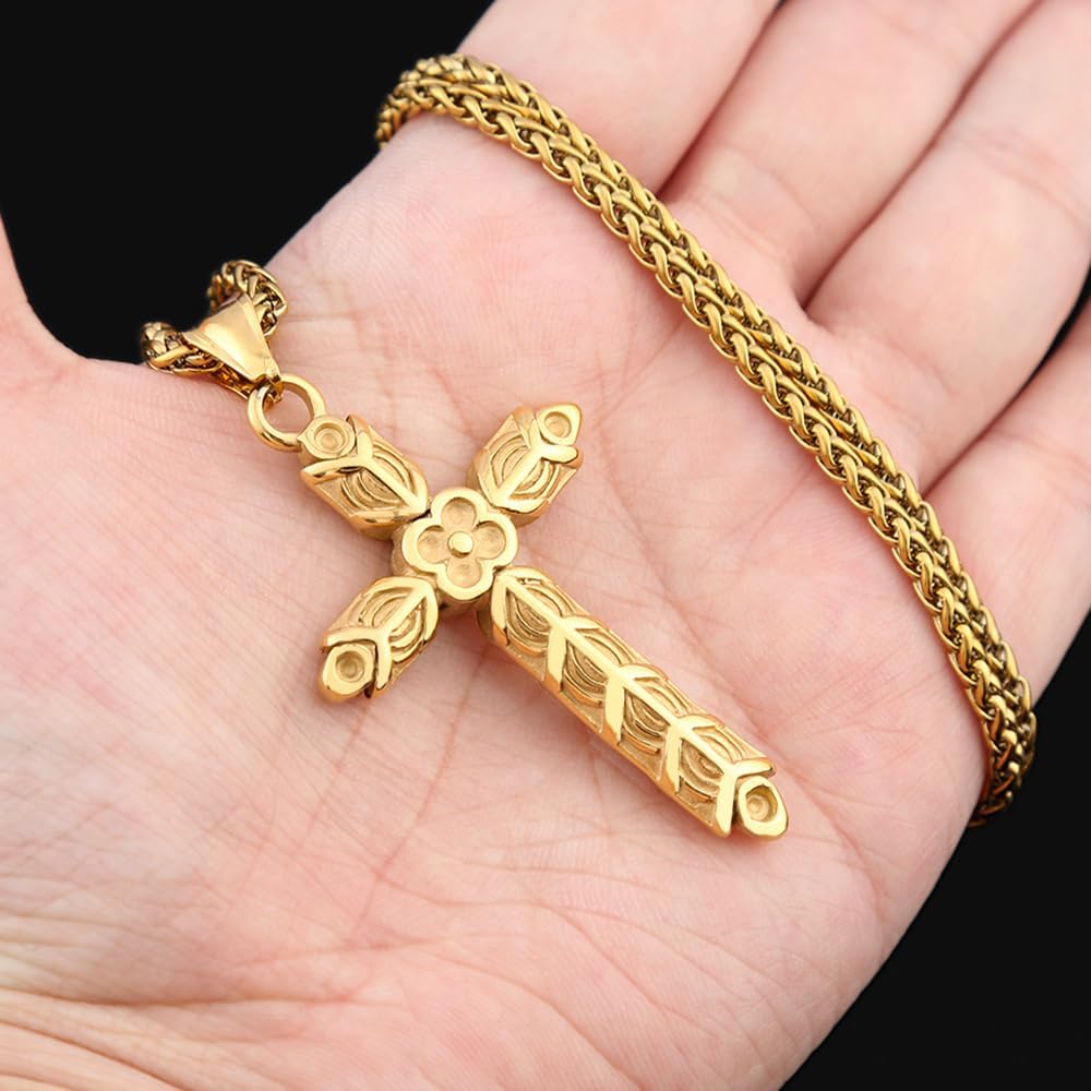 Nordic Viking Athelstan's Cross Ragnar Amulet Necklace Vintage Punk Stainless Steel Cross Flower Pendant Biker Necklace with 24 inch Box Chain (Yellow)