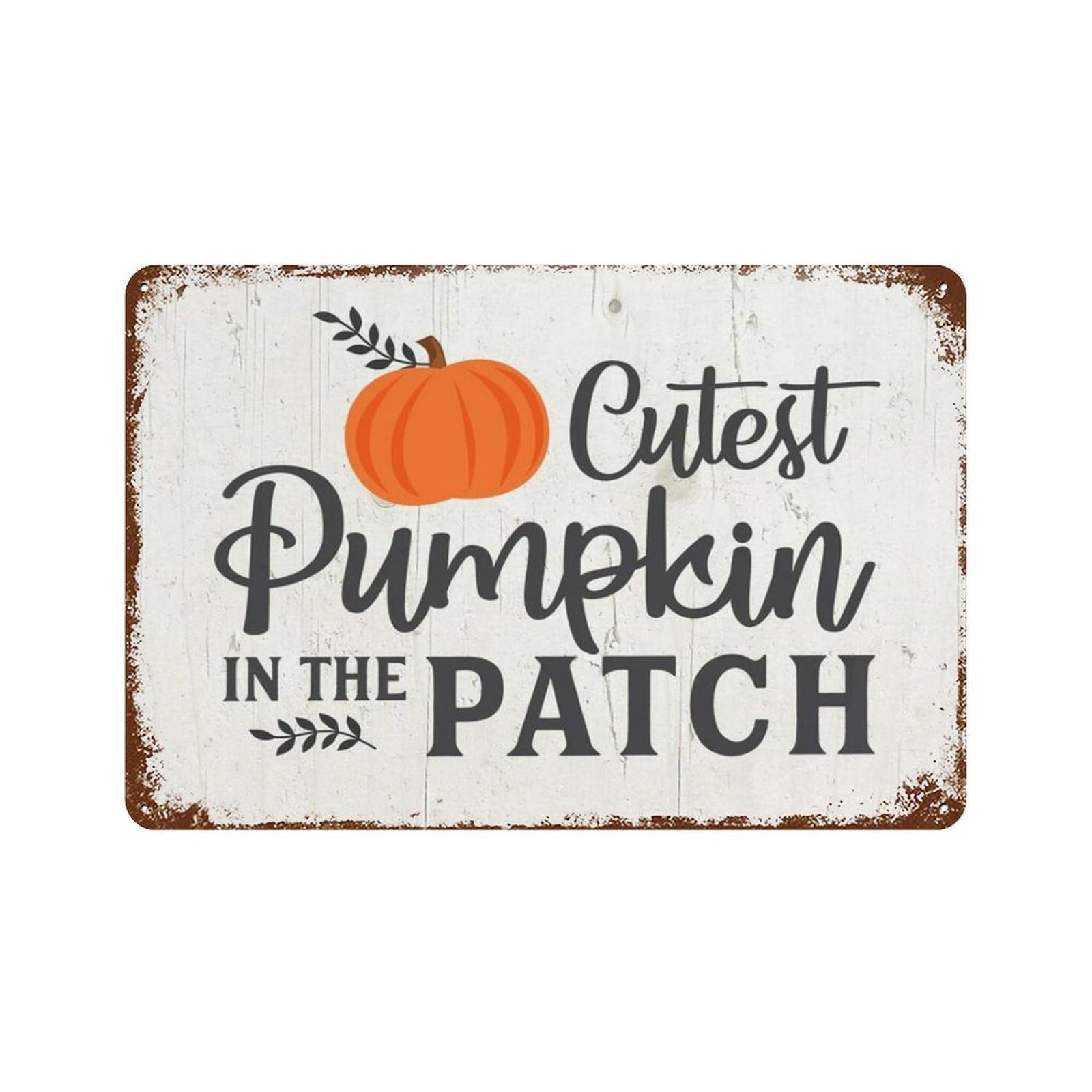 Pibonto Women's Wall Art Cutest Pumpkin In The Patch Thanksgiving Fall Autumn Retro Sign Cute Metal Sign Halloween Festival Best Gifts For Men Friend Bedroom Cafe Bar Bathroom Wall Decoration Vintage 5.5X8 Inch