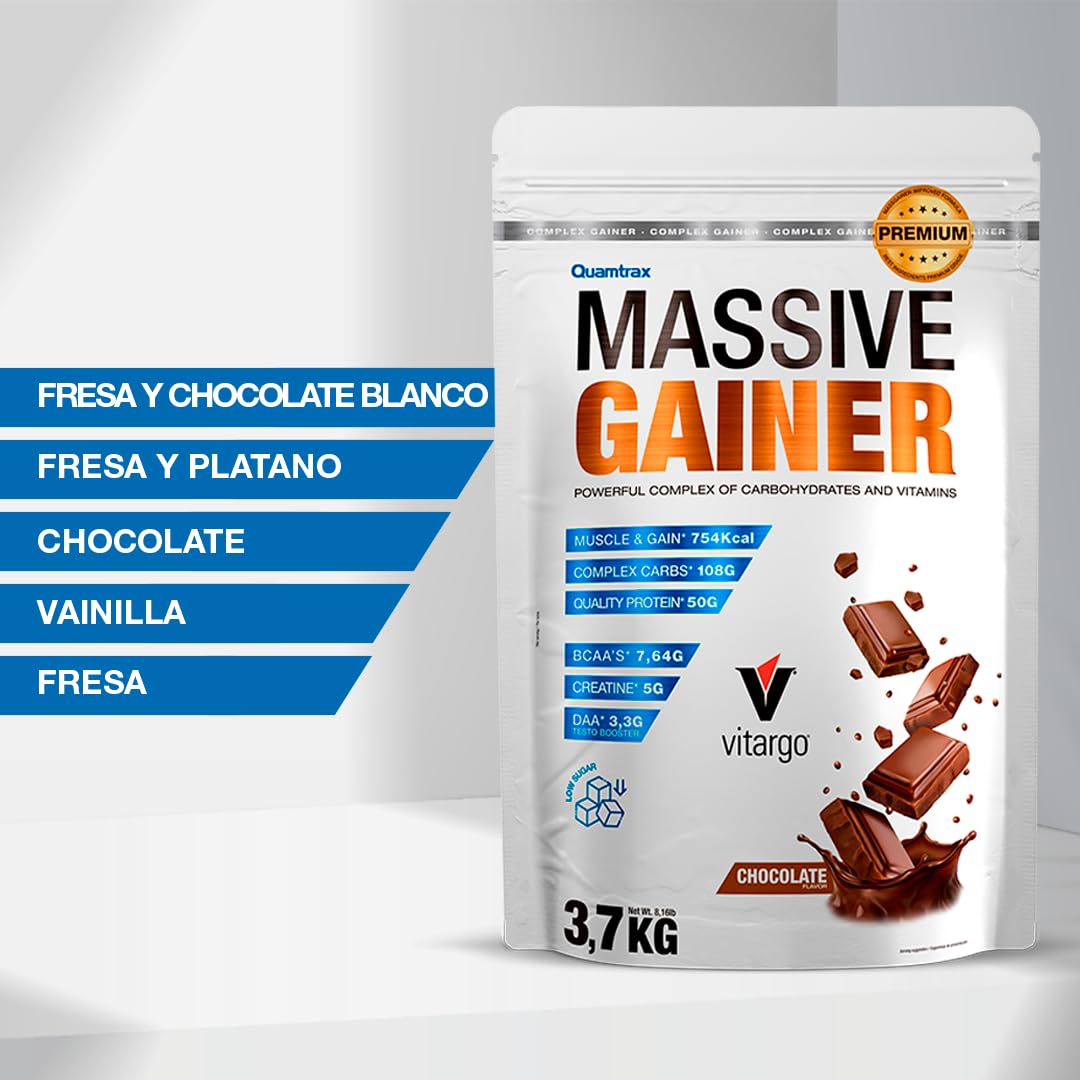 Quamtrax Nutrition - Massive Gainer Premium (Ganador de Masa Muscular) - 3,7 kg - Sabor Chocolate - Ganancia muscular, alto contenido calórico y recuperación