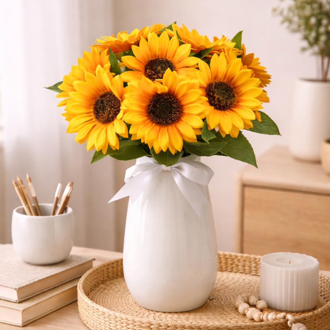 SATYAM KRAFT 1 Pcs Artificial Sunflowers Stick Bunch | Realistic Look & Charming Flowers | 6 Heads Bouquet for Home Decor, Bedroom, Balcony, Wedding (Without Vase Pot) (Yellow)-image-4