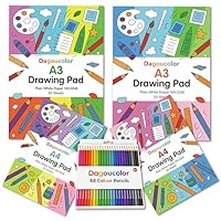 DagouColor Drawing Set, 48PC (24 Colors) Colored Pencil, 2*A4 and 2*A3 Double-Sided Plain White Smooth Papers Pad, 100 GSM, Sketch Books for Beginning Artists Adults Kids Boys Girls Toddlers