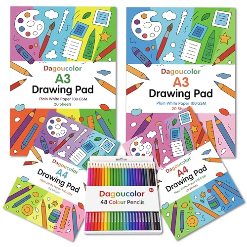DagouColor Set de Dibujo, 48 Lápices de Color, 2* A4 y 2* A3 Doble Cara Papel de Dibujo Blanco, 100 GSM, Libros de Bocetos Para Artistas Principiantes Adultos Niños Niñas
