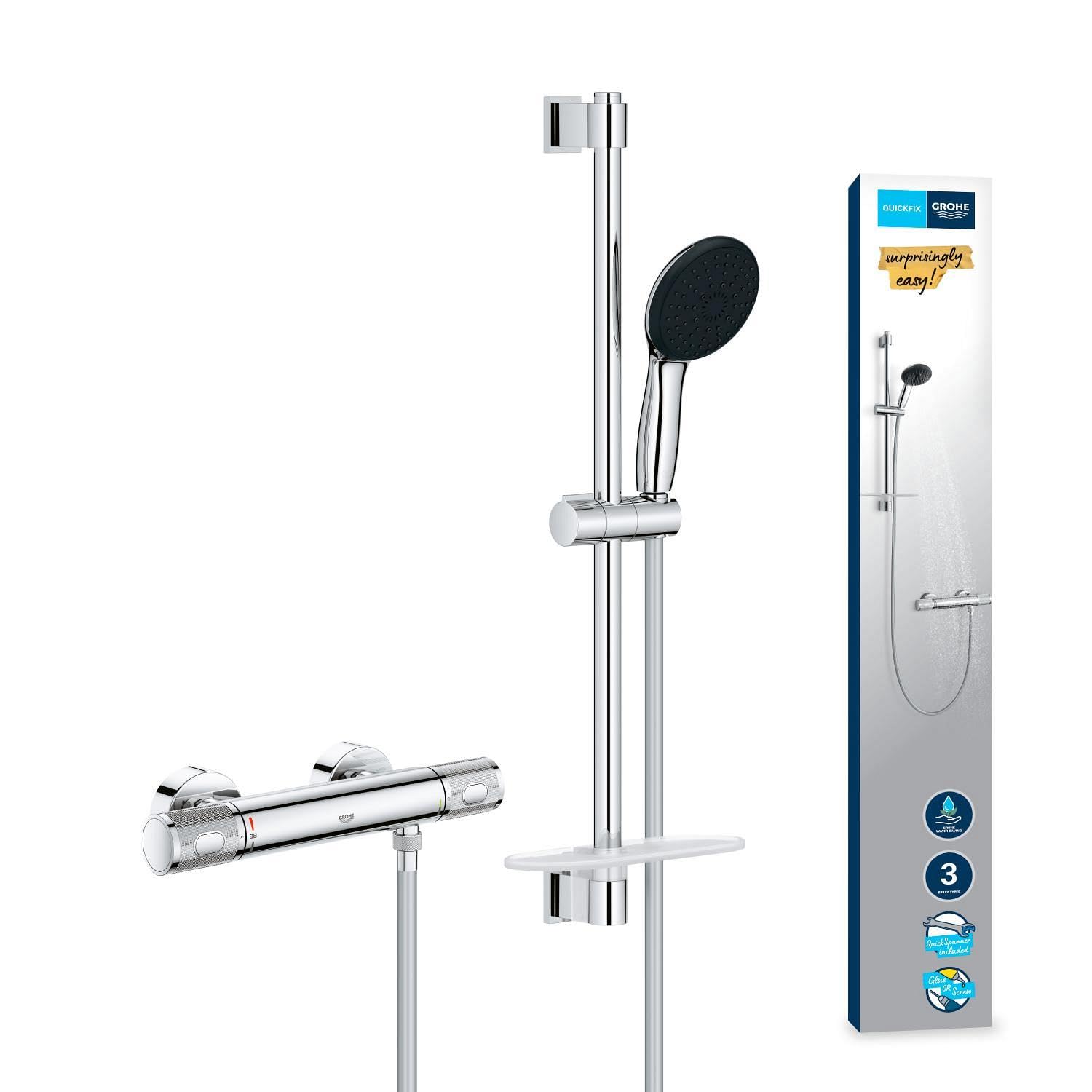 GROHE Precision Feel, Duschset mit Thermostat wassersparend, 8l pro Min (Duscharmatur hält Temperatur konstant, Duschkopf 3 Strahlarten, 1,75m Schlauch, Duschstange 60cm, 3in1 Tool), chrom, 34791001