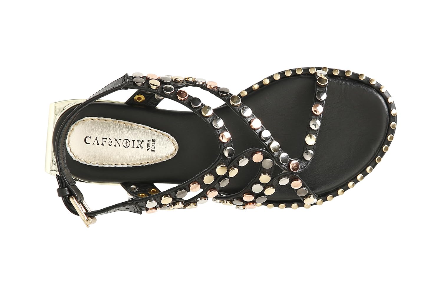 CAFèNOIR - Sandalias Mujer Planas de Piel con Tachuelas Multicolor, Sandalias de Verano Mujer Diseño Asimétrico Glamour, Tacón 2 cm, Forro y Plantilla Piel