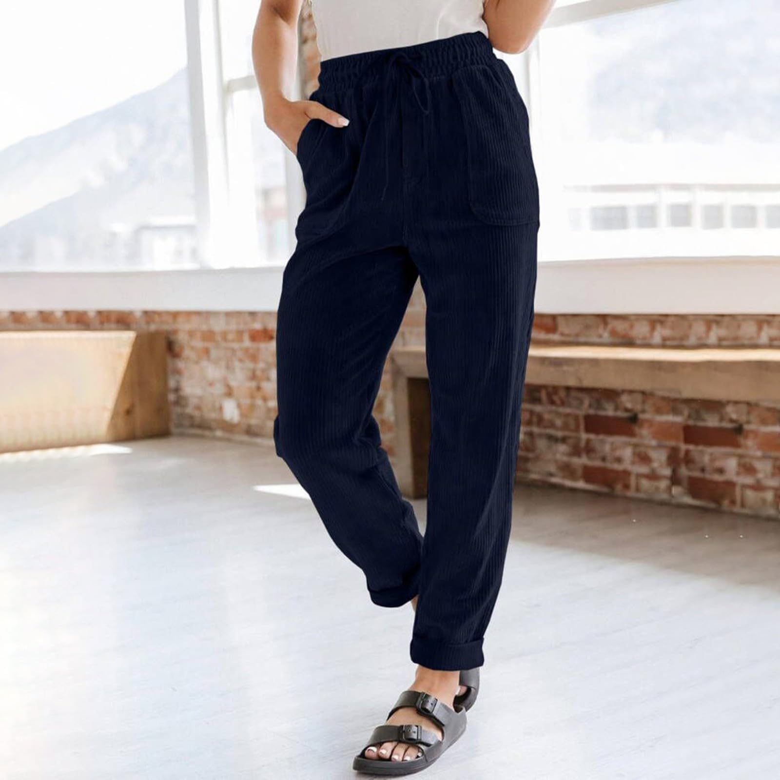 Pantaloni da donna a coste a vita alta, per il tempo libero, con elastico