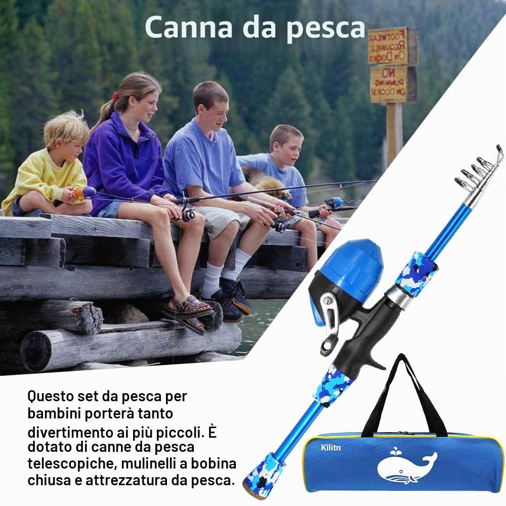 Kilitn Kit de Canna da Pesca per Bambini - 86 Pezzi, Canna da Pesca Telescopica e Mulinello Spincast Set e Accessori da Pesca Borsone da Viaggio per Ragazzi, Ragazze, Giovani, Principianti