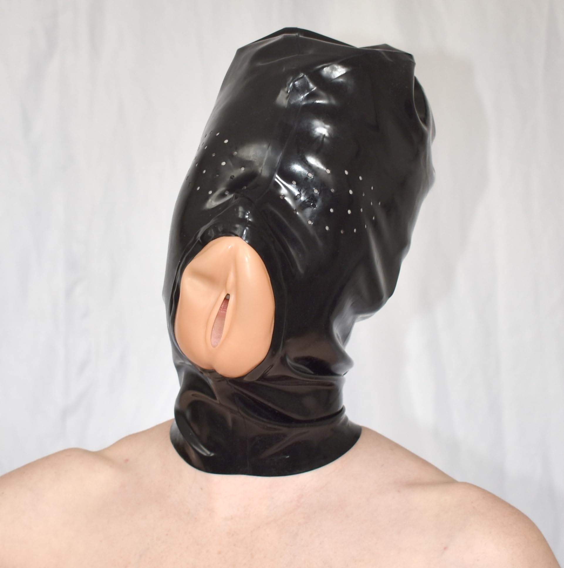 Maschera Feticista in Latex con Apertura Vaginale – Cappuccio Bondage BDSM, Bavaglio Sesso Orale, Apertura Respiratoria, Figa Tascabile per Roleplay