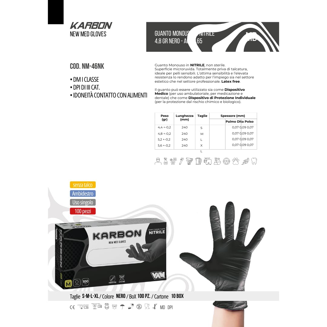 VAM KARBON Guantes de nitrilo negros 5,5 gramos extra gruesos 50% más gruesos que nuestro guante ONIX ideales Estética, HO.RE.CA.,Industria,Tatuadores (1000, L)