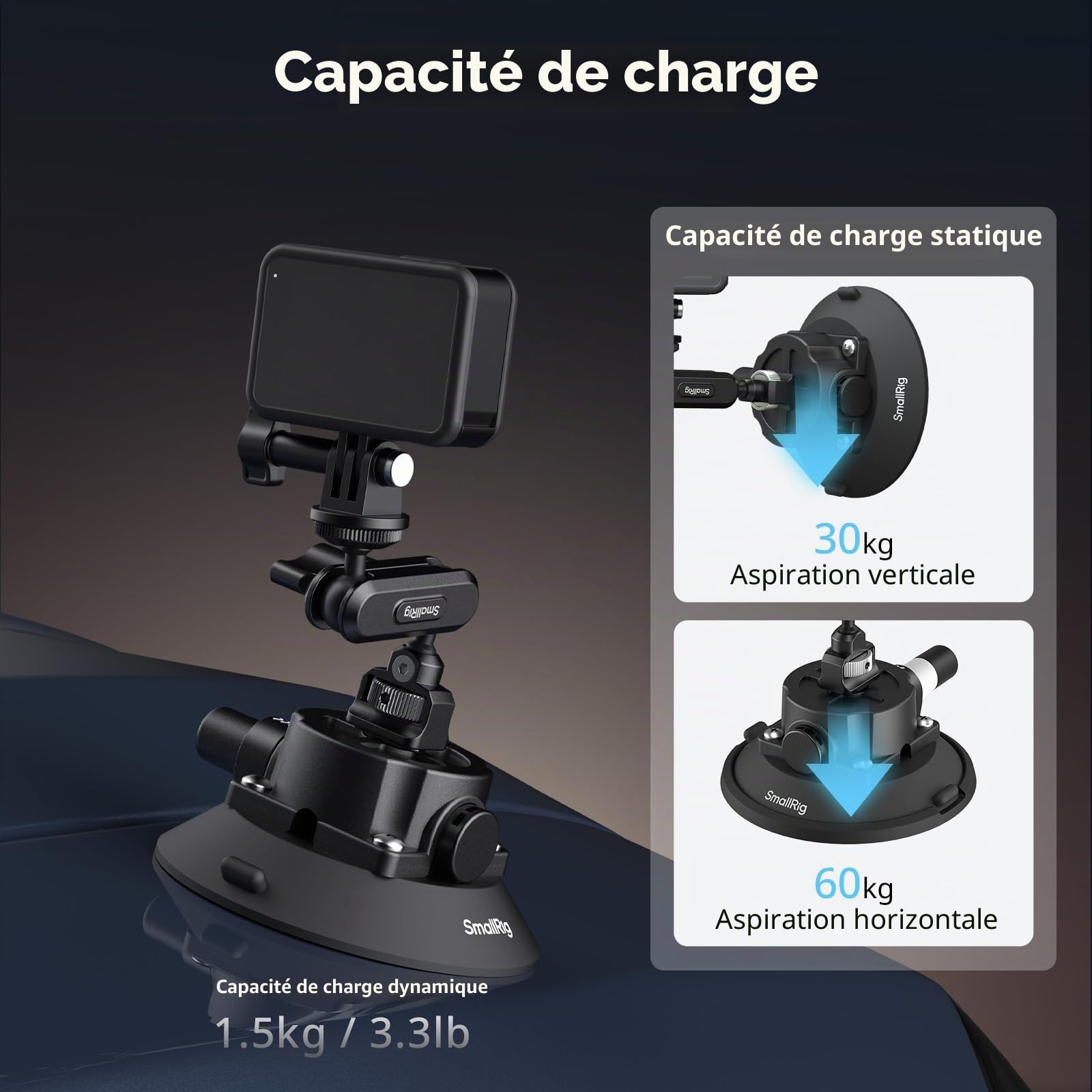SMALLRIG Support à Ventouse 4,5" avec Bras Articulé à Rotule, Compatible avec Les Caméras d'action DJI Osmo Action 6/5 Pro/4, Insta360 x5 et GoPro 13/12, Charge Maximale 1,5 kg - 5855B