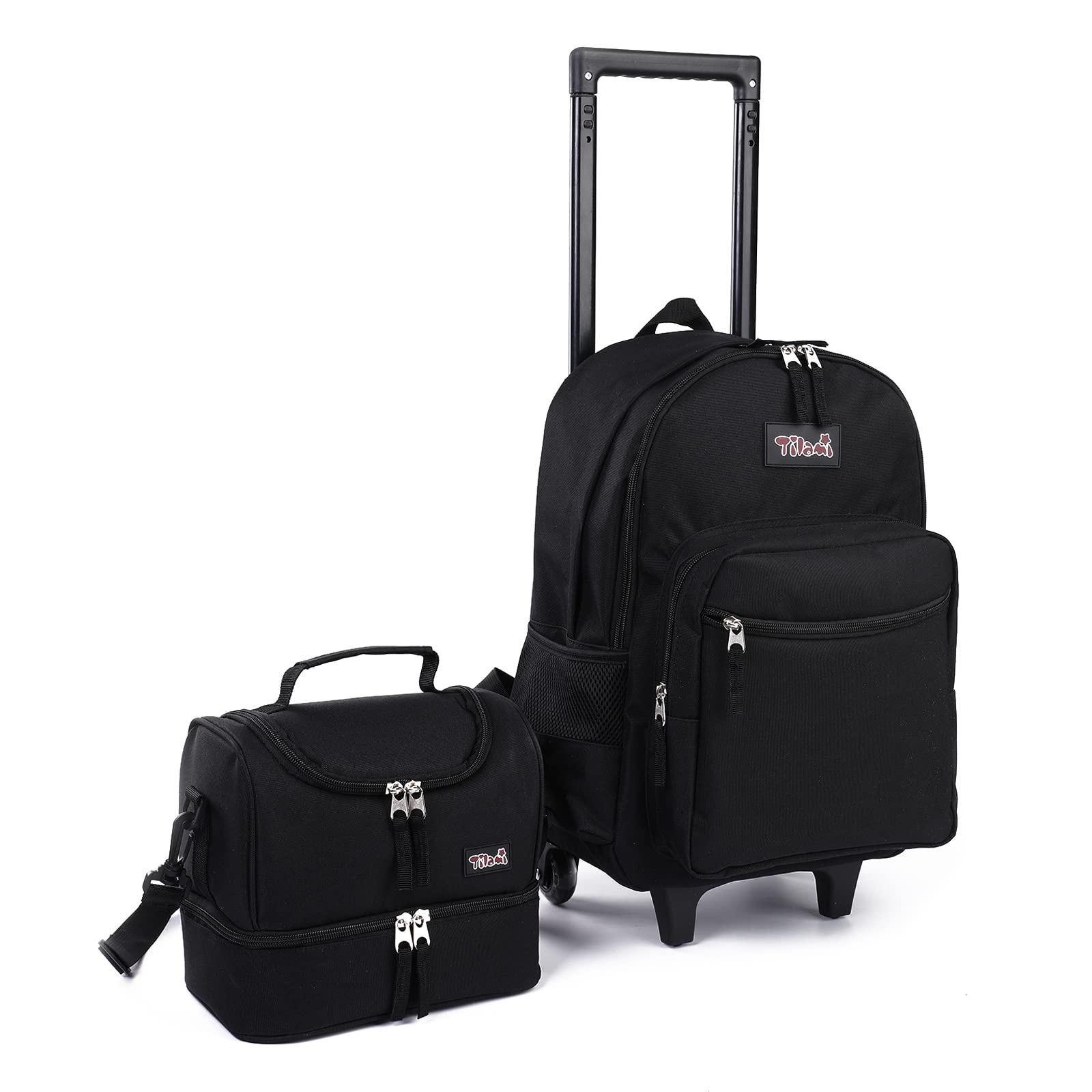 Rolling Backpack 18 inch Double Handle with Lunch Bag Wheeled Kids Backpack for Girls and Boys, Black