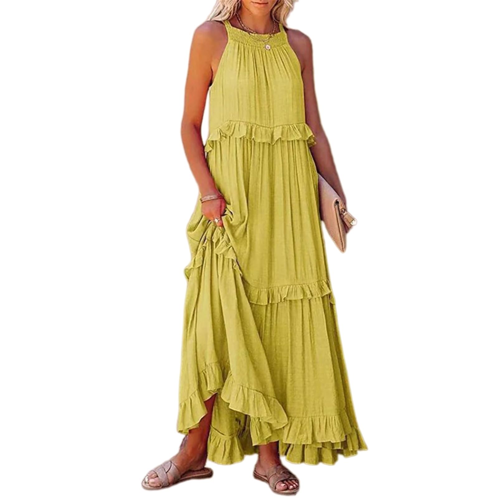 Vestito Donne 2026 Estate Elegante Ruffle Abito Senza Maniche Harajuku Maxi Sundress Casual Beach Vacation Party Dress-Apricot-m
