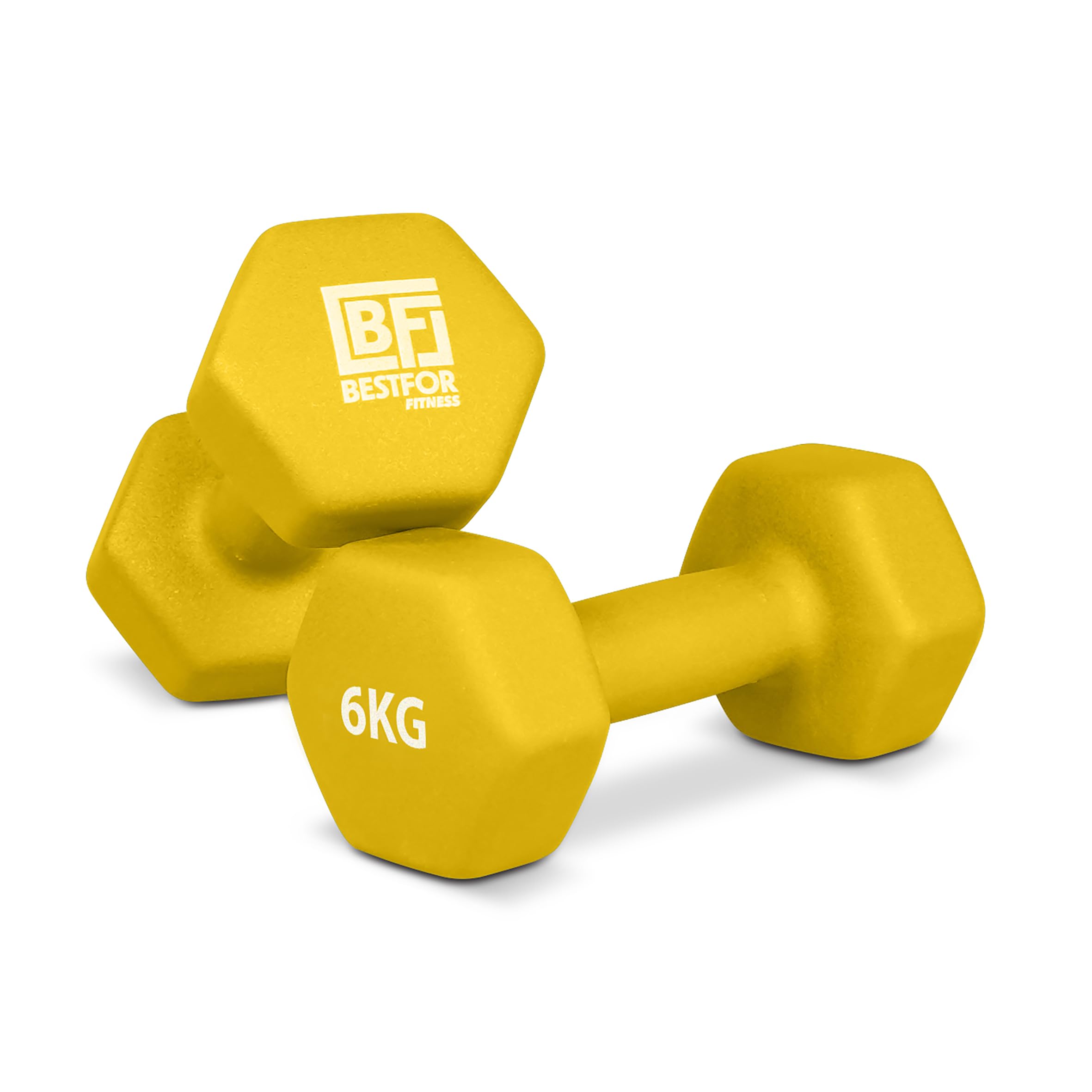 Pair of 6kg Hex Anti Roll Non Slip Neoprene Dumbbell Weights For Exercise, Fitness, Workouts, Lifting with Exercise Chart