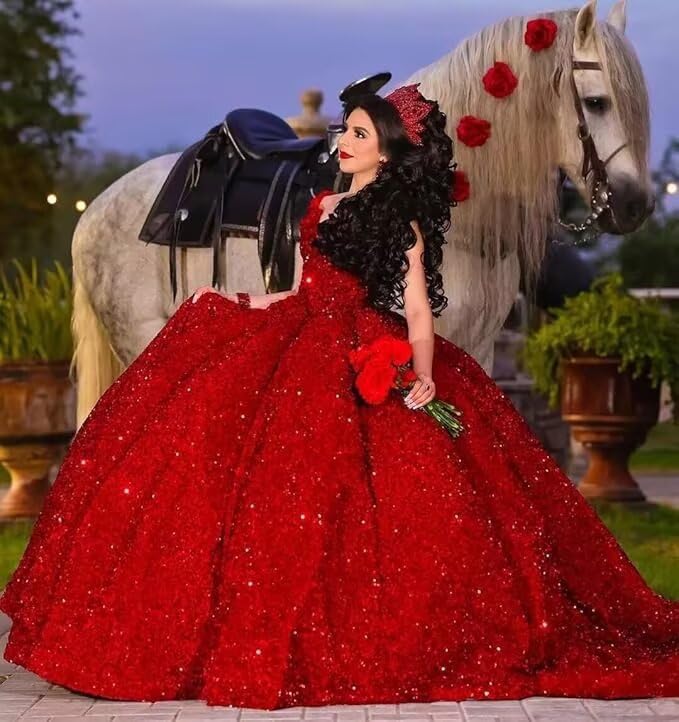 Sparkly Sequin Quinceanera Dresses with Train Gorgeous Puffy Ball Gown Long Sweet 16 Dress4