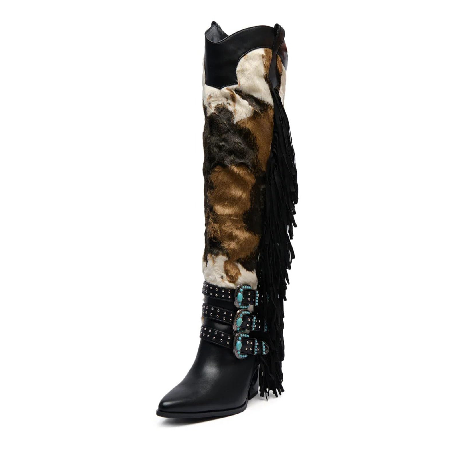 Fur Fringe Knee High Boots for Women Wide Calf Pointed Toe Chunky Heel Boots with Turquoise Stones Buckle