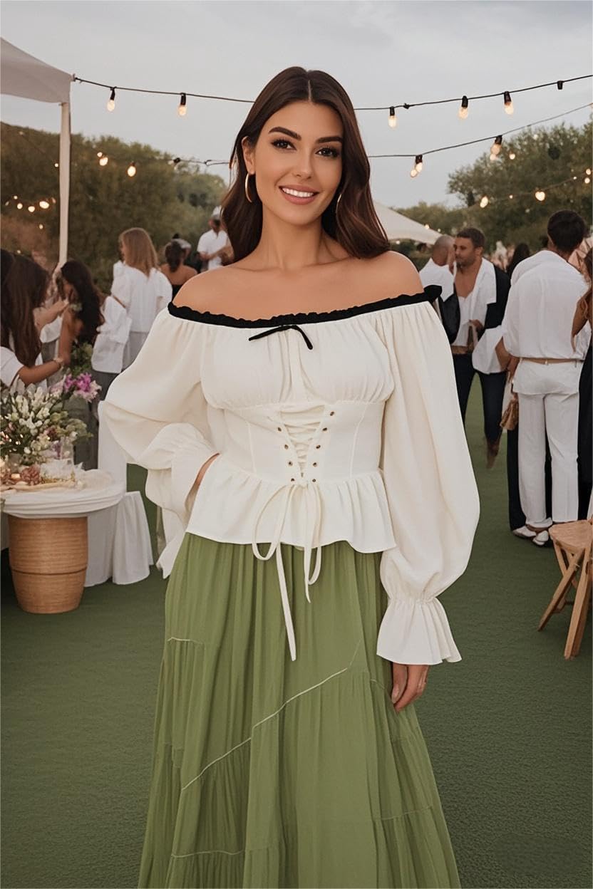 Renaissance Costumes Shirt Women Peasant Blouse Off-Shoulder Tops Halloween Medieval Pirate Costume women - Image 7