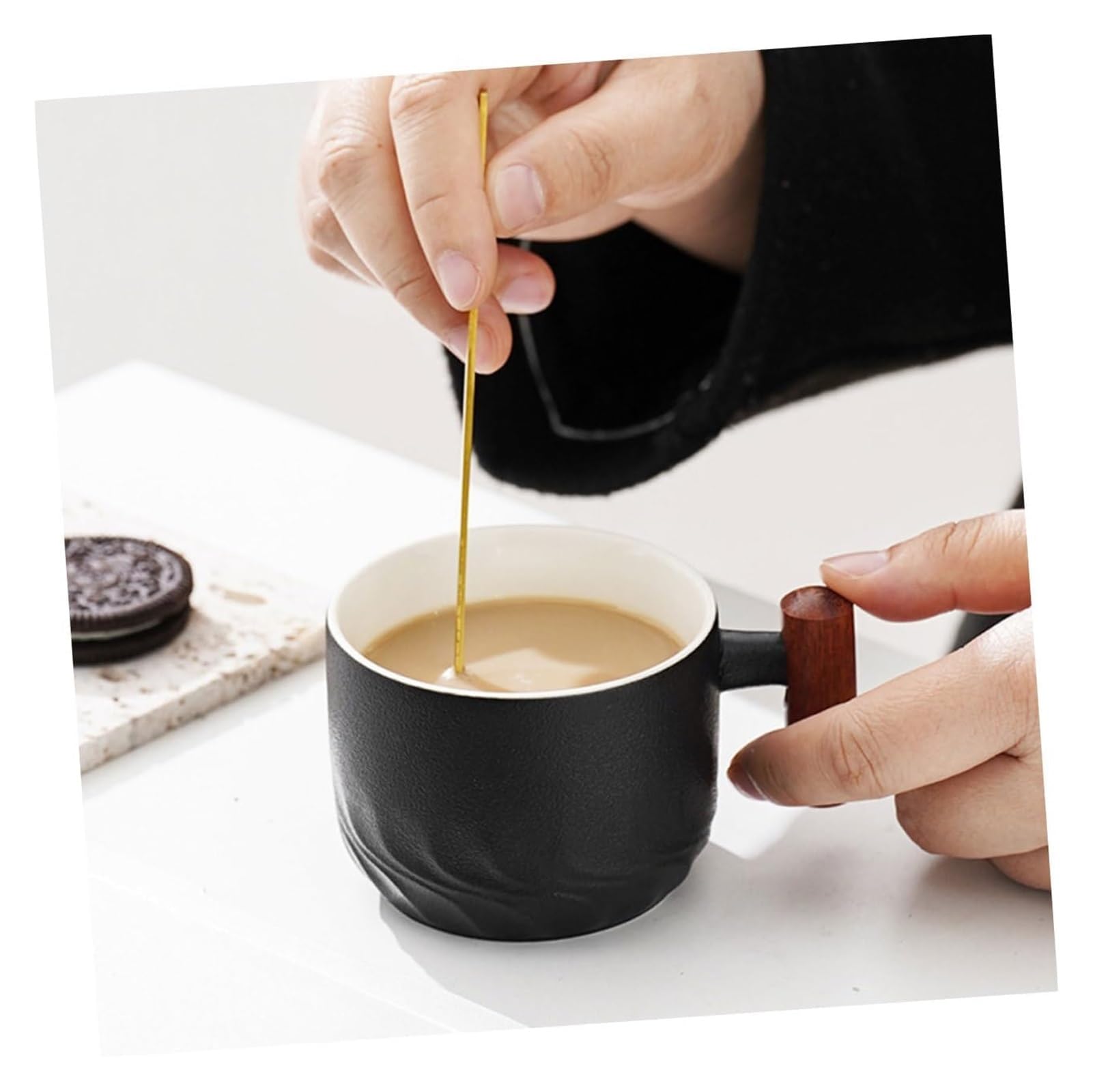 Taza de café, taza de té para oficina y hogar, 1 juego de taza de porcelana, taza de madera, taza de bebidas de cerámica, taza de café, taza de desayuno grande, taza de capuchino, mango de madera de