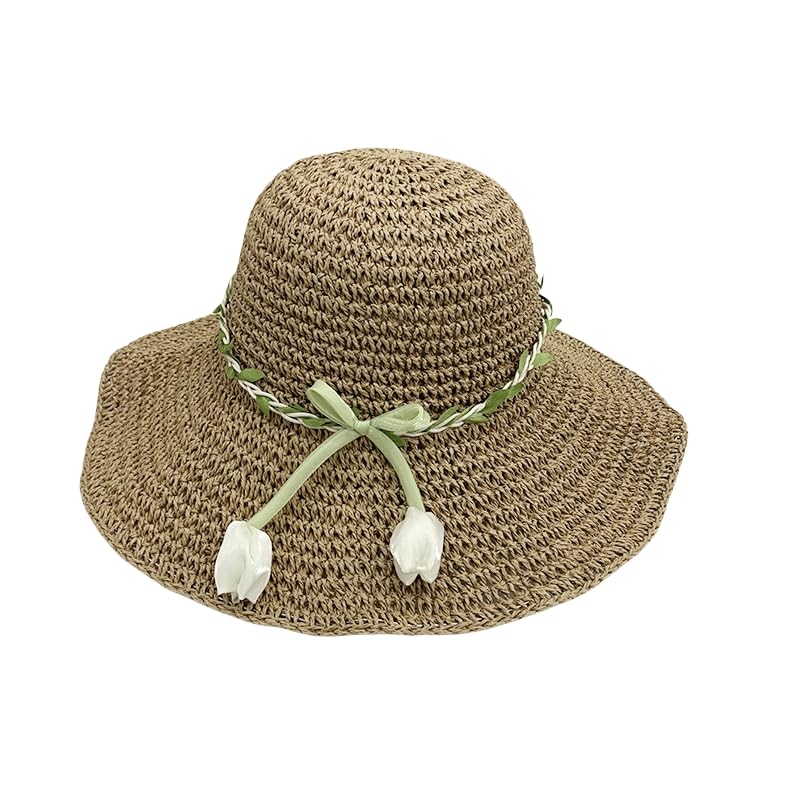 Sombrero de Paja de ala Ancha Transpirable de Verano para Mujer,Sombrero de Paja Tejido con Protección UV y Decoración de Tulipán,Sombrero de Playa Ligera para Jardín,Viajes y Exteriores