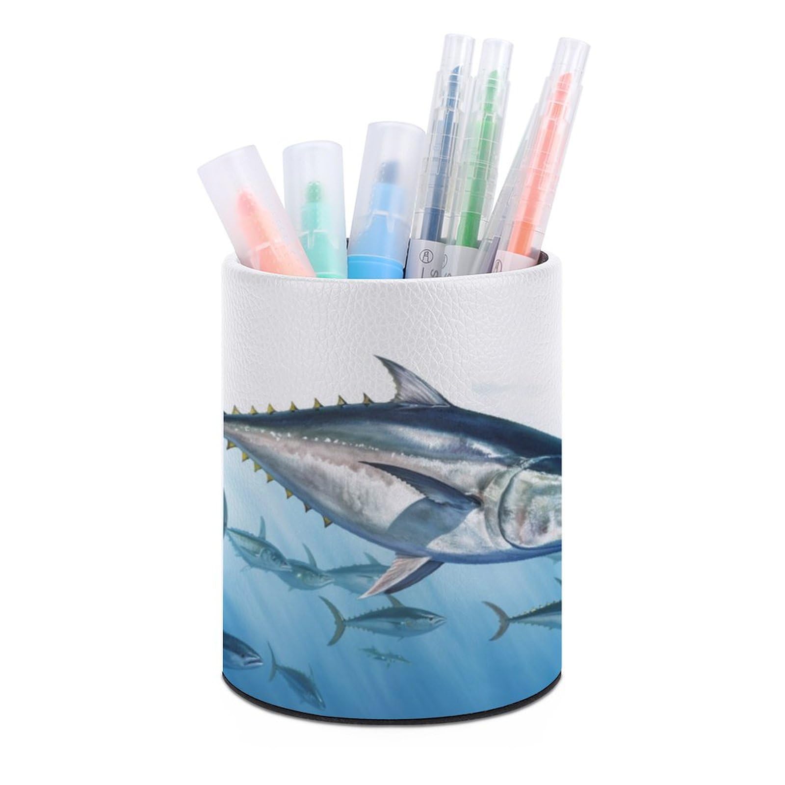 JTREHY Round Pen Holder,Bluefin Tuna Thunnus Printed Makeup Brush Storage Box Desktop Stationery Storage Cup Office Accessories Storage Box Pencil Storage Box for Home Office Dressing Table