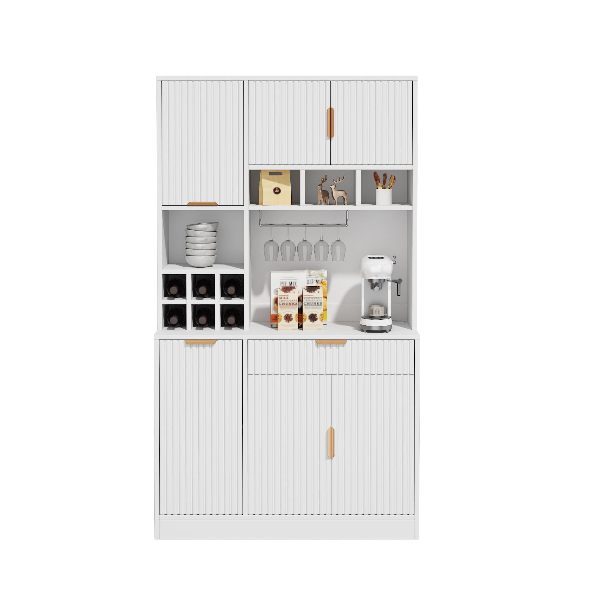 Armadietto alto per buffet, sala da pranzo, 100 x 40 x 175 cm, multilivello, ripiano per bicchieri da vino, portabottiglie, bianco