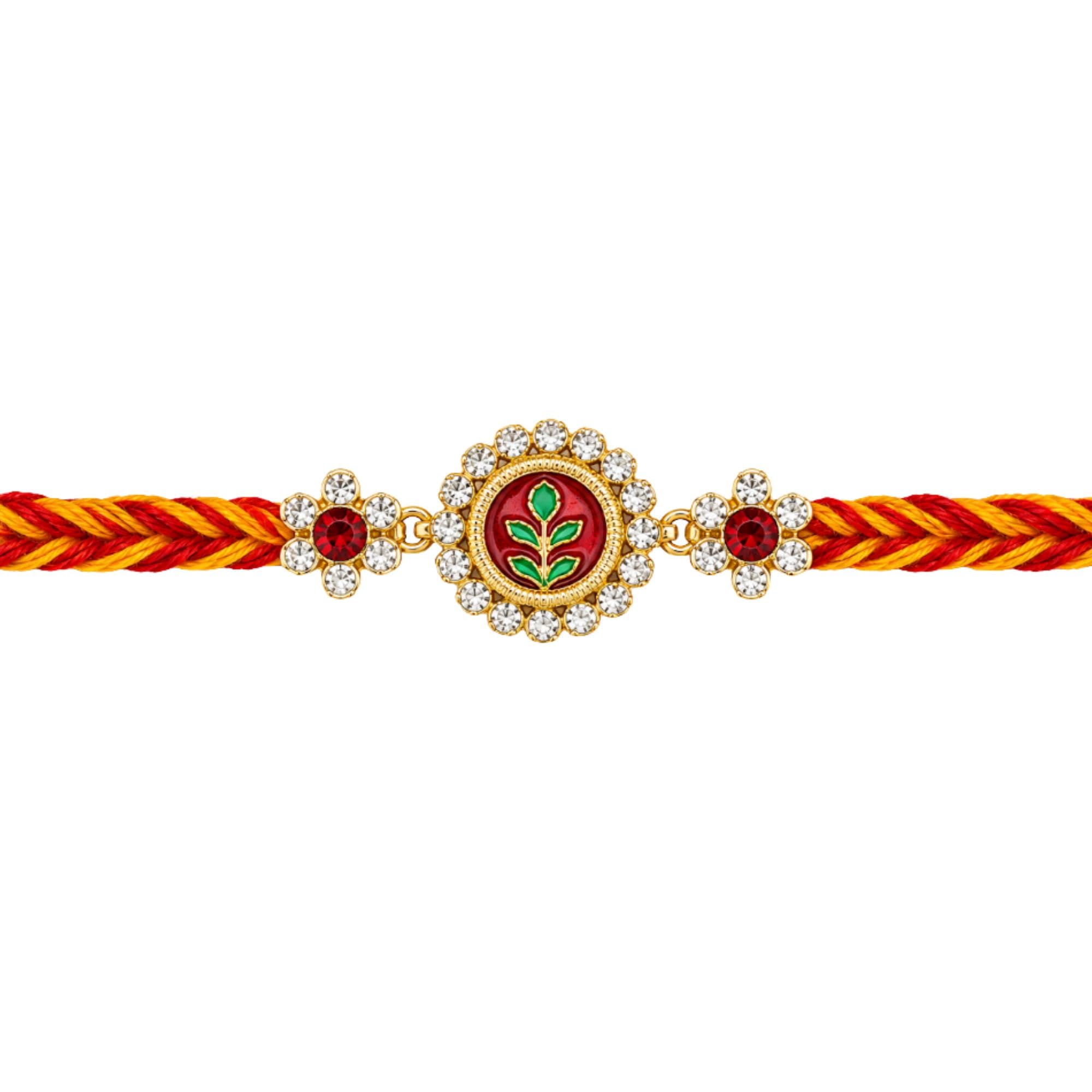 Premium Designer Red & Green Stone Rakhi for Brother | Handmade Crystal Floral Thread for Men | Traditional Raksha Bandhan Festival Gift | Pack of 1-image-30