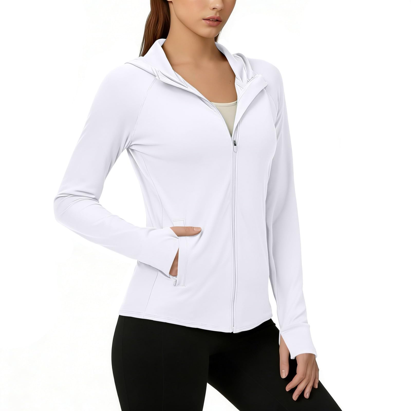 Chaqueta de correr para mujer, con protección solar UPF 50+, con capucha, de secado rápido, con cremallera, ligera, atlética, protección UV, bolsillos, para senderismo, pesca, con agujero para el