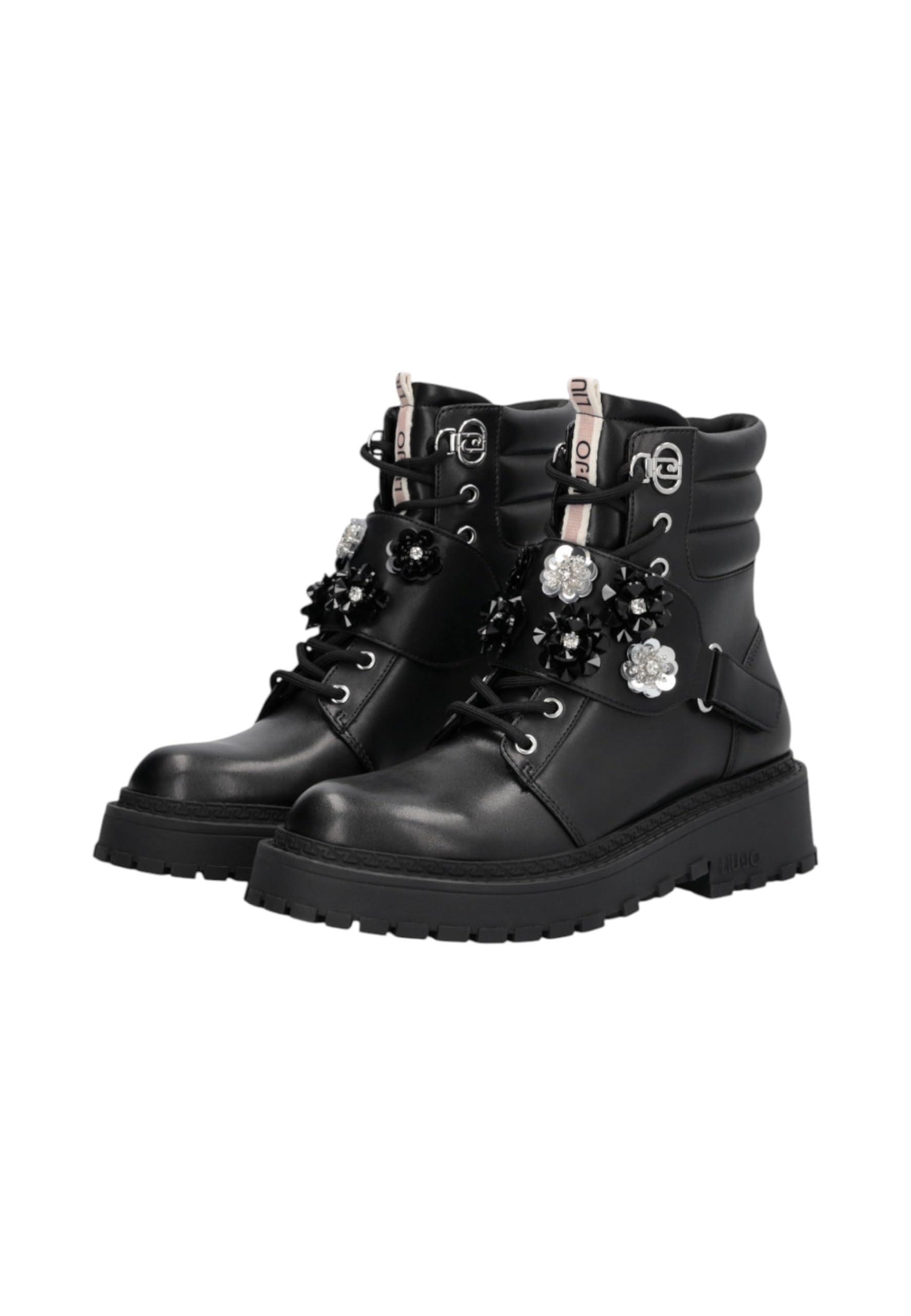 LIU JO Militärstiefel mit Kristallblumen, Schwarz, Leder, Gummisohle, Kampfstil