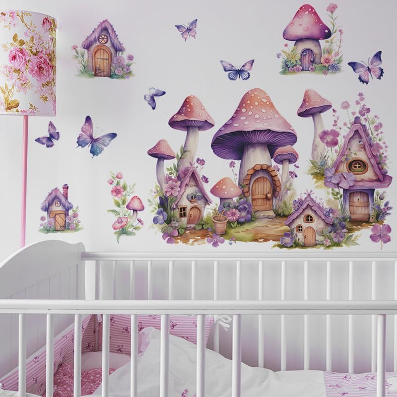 2 Sheets Purple Cartoon Mushroom House Wall Stickers Removable DIY Green Plants and Flower Wall Stickers Viny Purple Butterfly Wall Decal for Girls Home Nursery Bedroom Bathroom Decoration