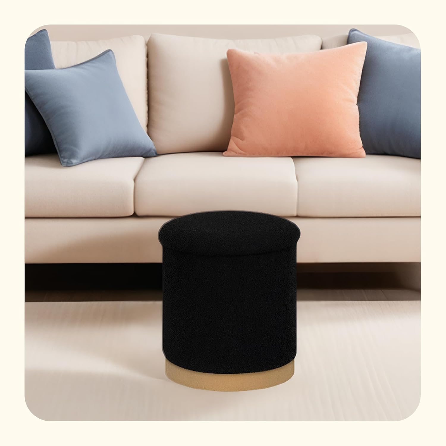 PINPLUS Round Black Boucle Storage Ottoman, 14.7"x14.7"x16.3" – Soft Teddy Footstool with Hidden Storage for Bedroom & Apartment, 220 LBS Capacity