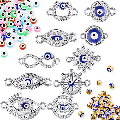 100 Pieces Evil Eye Charms Kits, 50 Mixed Colorful Glass Evil Eye Spacer Beads, 30 Gold Alloy Enamel Blue Eye Beads 20 Rhinestone Diamond Evil Eye Charms for DIY Jewelry Making Craft (White Silver)