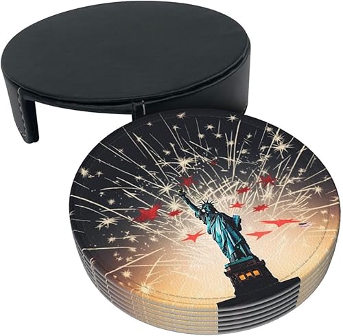 Miniatura 9 de Juego de 6 posavasos de estatua de la libertad y fuegos artificiales para mesa de café, posavasos de cuero absorbente para bebidas con soporte,
