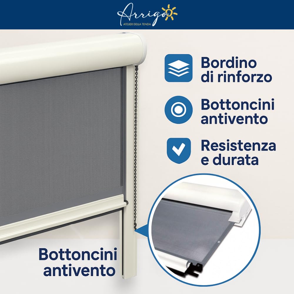 Zanzariera a Bottoncino Antivento su Misura | Avvolgimento Orizzontale con Apertura a Molla o Catena | Struttura in Alluminio |Telo in Fibra di Vetro Rinforzato