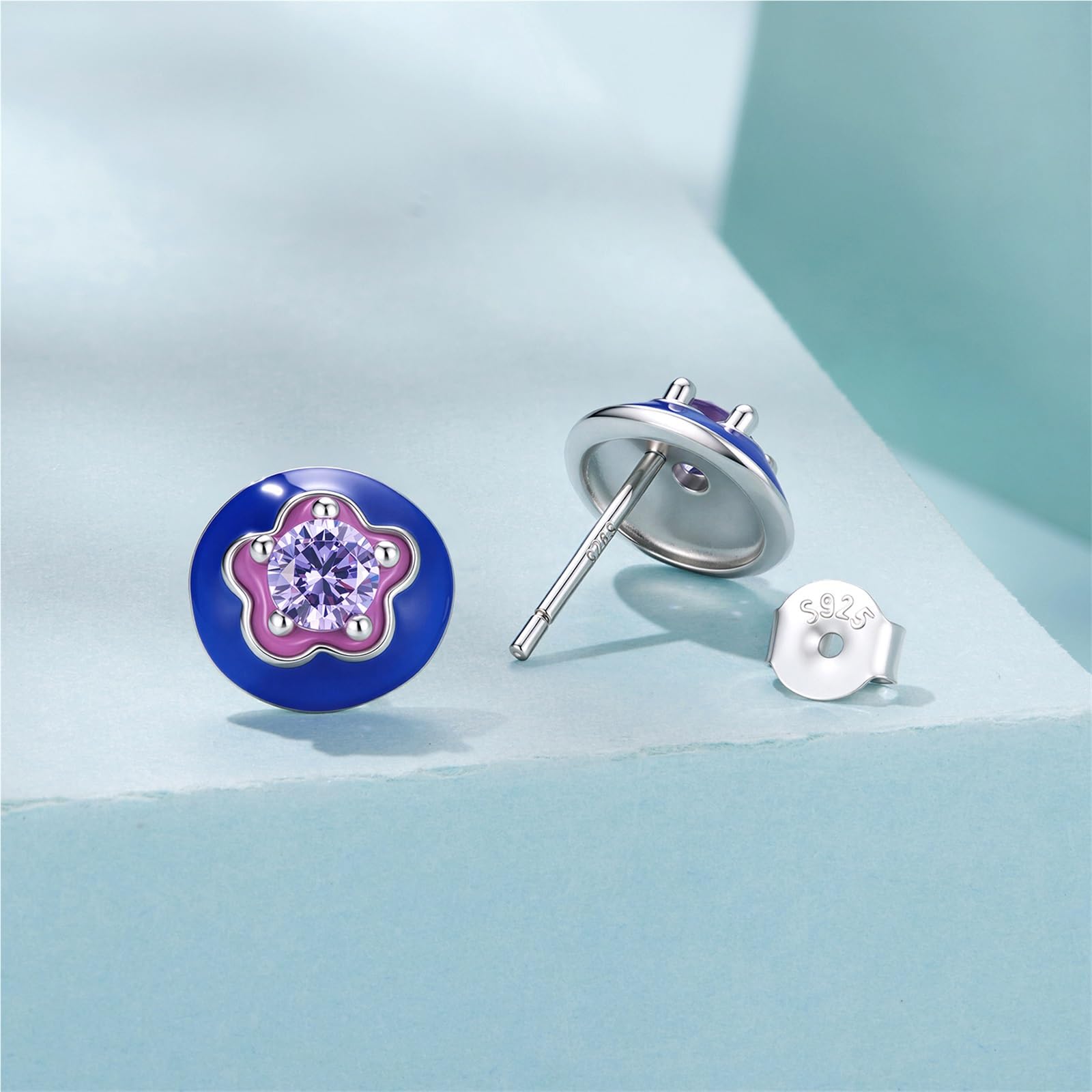 Orecchini 925 Argento Sterlino Mirtillo Fiore Smalto CZ for Donne