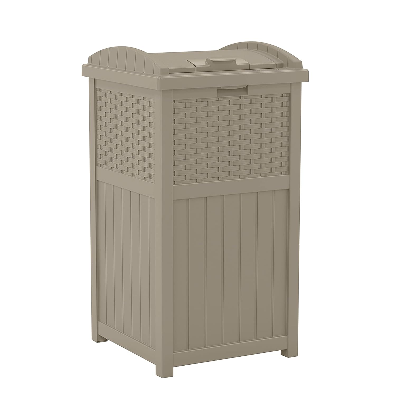 Suncast 33 Gallon Hideaway Trash Can for Patio - Resin Outdoor Trash - Use in Backyard, Deck, or Patio - Dark Taupe Dark Taupe Trash Can