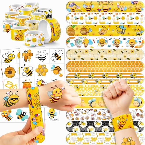 Image of 72PCS Bee Party Favors - 48PCS Pre-cut Tattoos & 24PCS Slap Bracelets - Honey Bee Birthday Supplies, Baby Shower Decorations, Classroom Prizes, Gifts for Girls & Kids